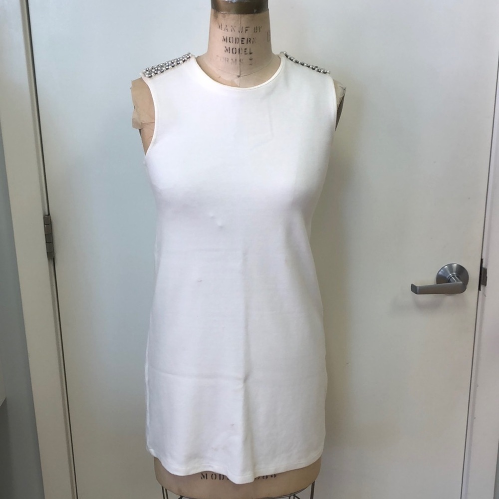 Zara White Knit Mini Dress Silver Embellished Shoulders M